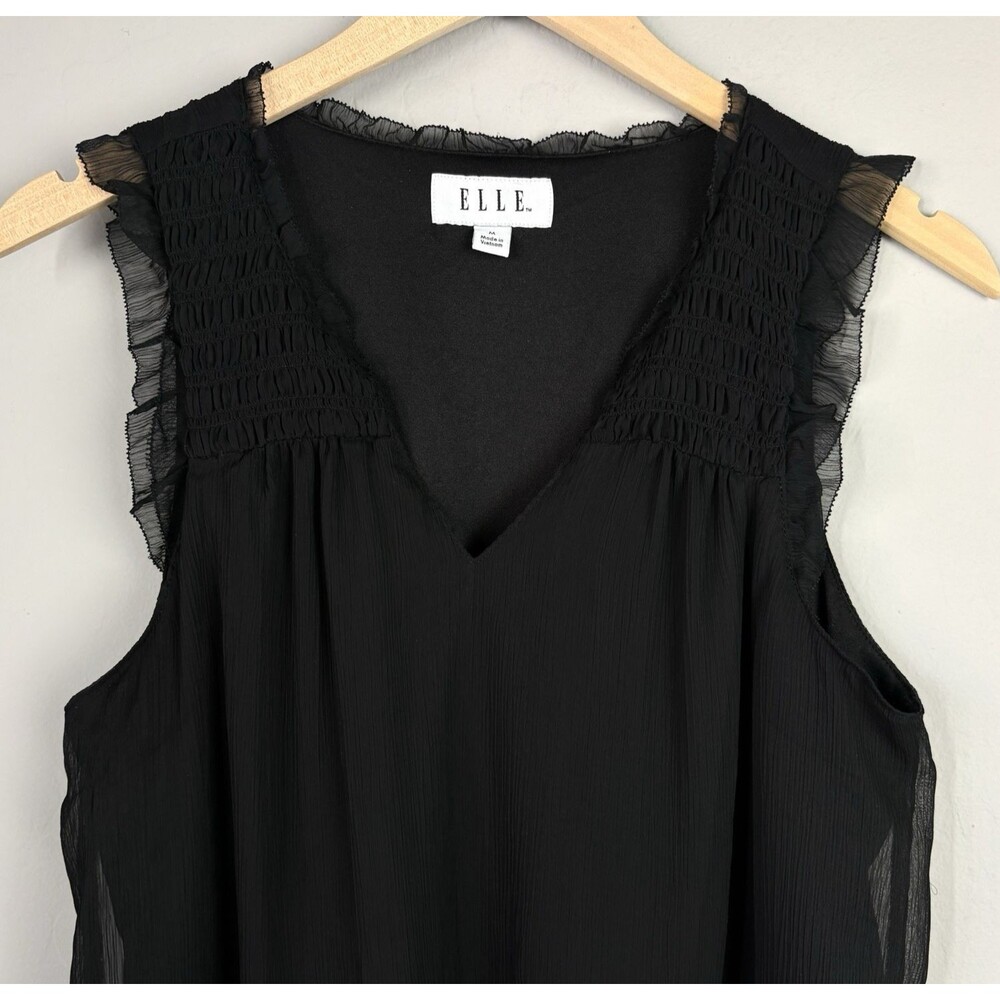 ELLE Top Women M Black VNeck Smocked Ruffle Flutter Sleeves Sheer Fairy Romantic